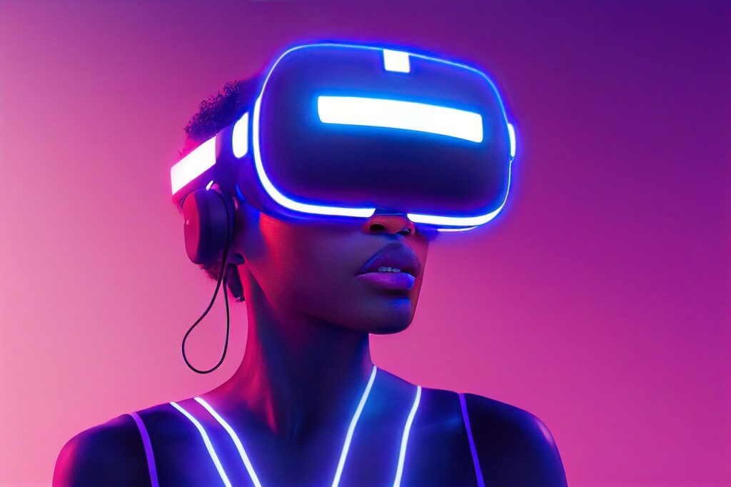 xr, metaverse, mr, mixed reality, virtual reality, augmented reality, african american, female, woman, lady, girl, black, america, pink, purple, blue, neon, lighting